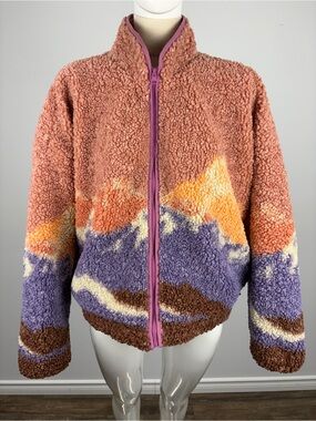 Wild Fable Pink Mountain Landscape Sherpa Jacket Full Zip Teddy Fleece Cozy L